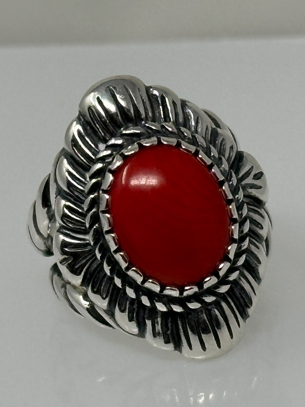 American West Silver-Tone Ring with Red coral Center - size 6-6.5